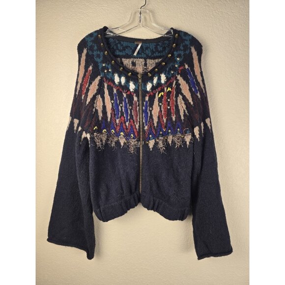Free People Aztec Navajo Cardi Sweater Studded Zip Front Mohair Wool Blend Sz L - Picture 2 of 9